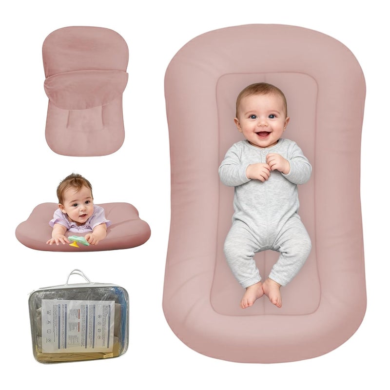 PGONEEE Baby Lounger for Newborn, Bionic Design Baby Lounger, Soft Organic Cotton Breathable Lounger for Infants 0-18 Months (Coral Pink) - Image 1